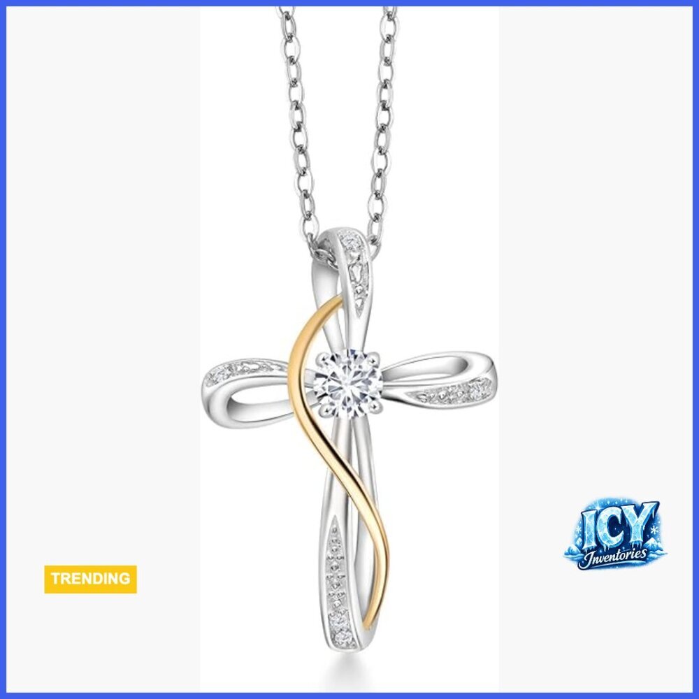 Sterling Silver and 10K Yellow Gold Infinity Cross Pendant Necklace with Lab